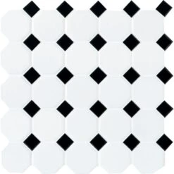 Daltile Octagon And Dot Matte White With Black Dot 12 In. X 12 In. X 6 Mm Ceramic Mosaic Floor And Wall Tile (1 Sq. Ft./ Piece)